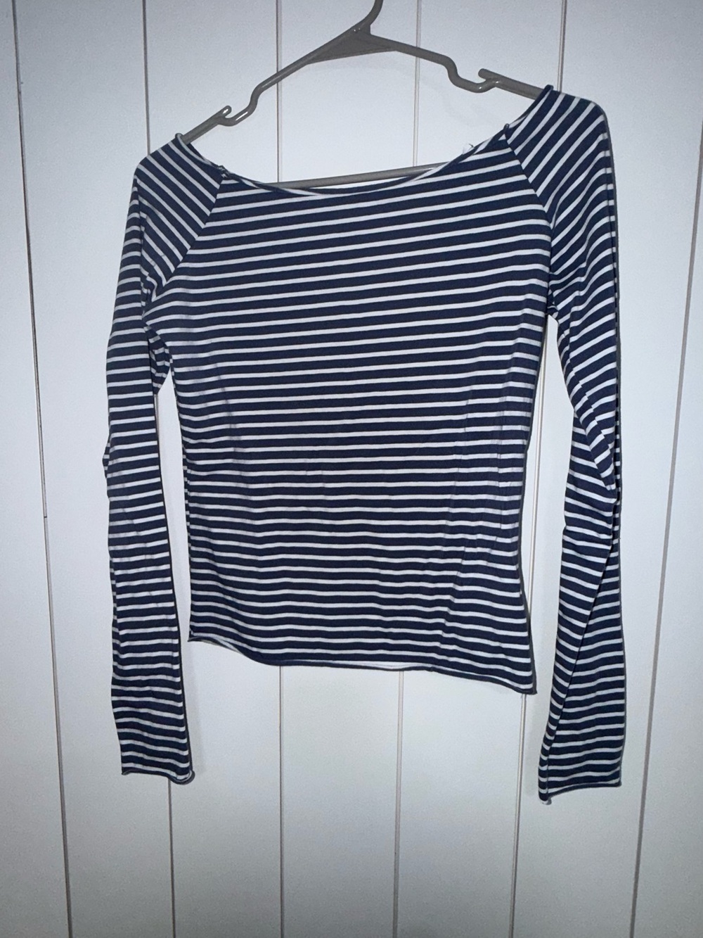 Brandy Melville Navy and White Striped Long-Sleeve Top